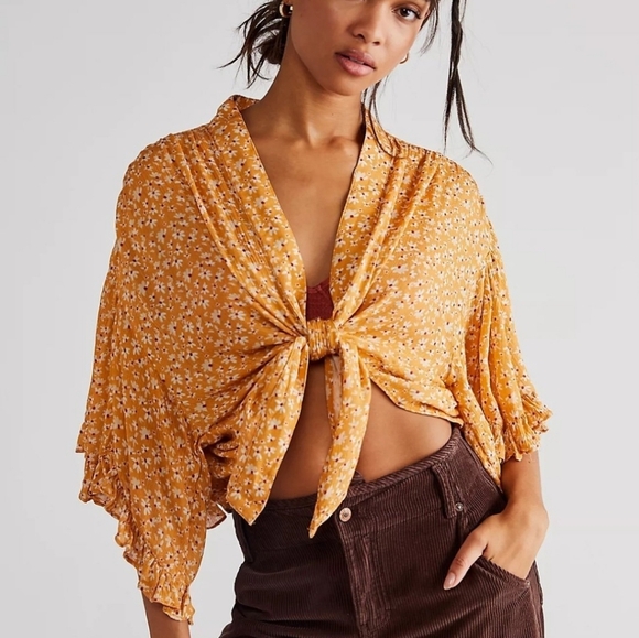 New Free People Calisto Bed Jacket Honey Yellow Floral Small - Picture 1 of 6